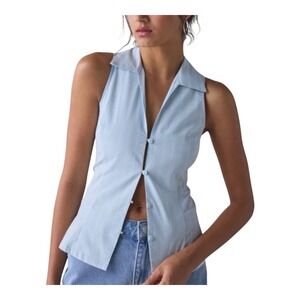 Urban Outfitters Party Girl Sleeveless Shirt Vest Sz 2XS Light Blue White Stripe